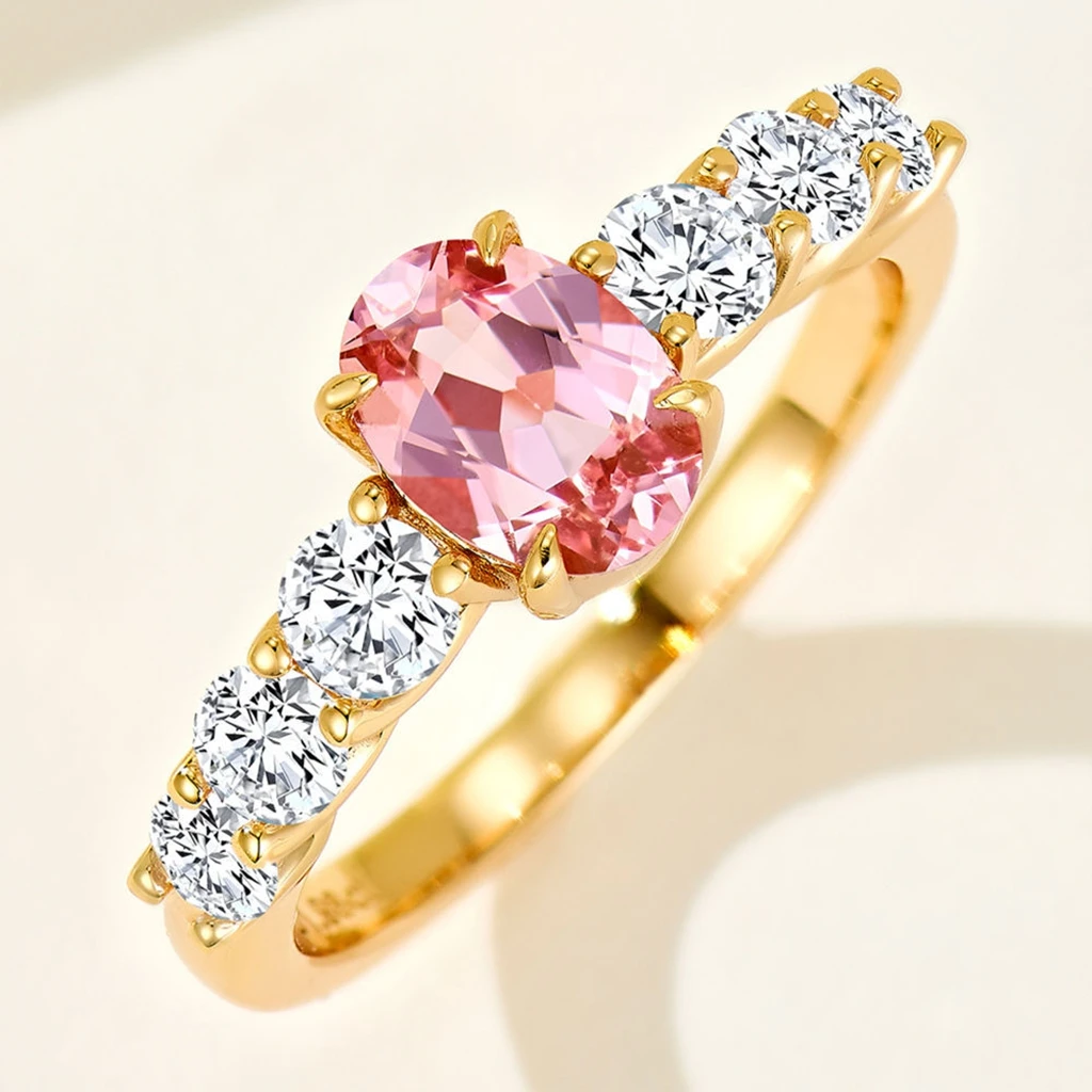 SONGYUN High Carbon Gemstones Jewelry S925 Sterling Silver Oval Pink Padparadscha Ring for Women, Pigeon Egg Shape Halo Inlaid