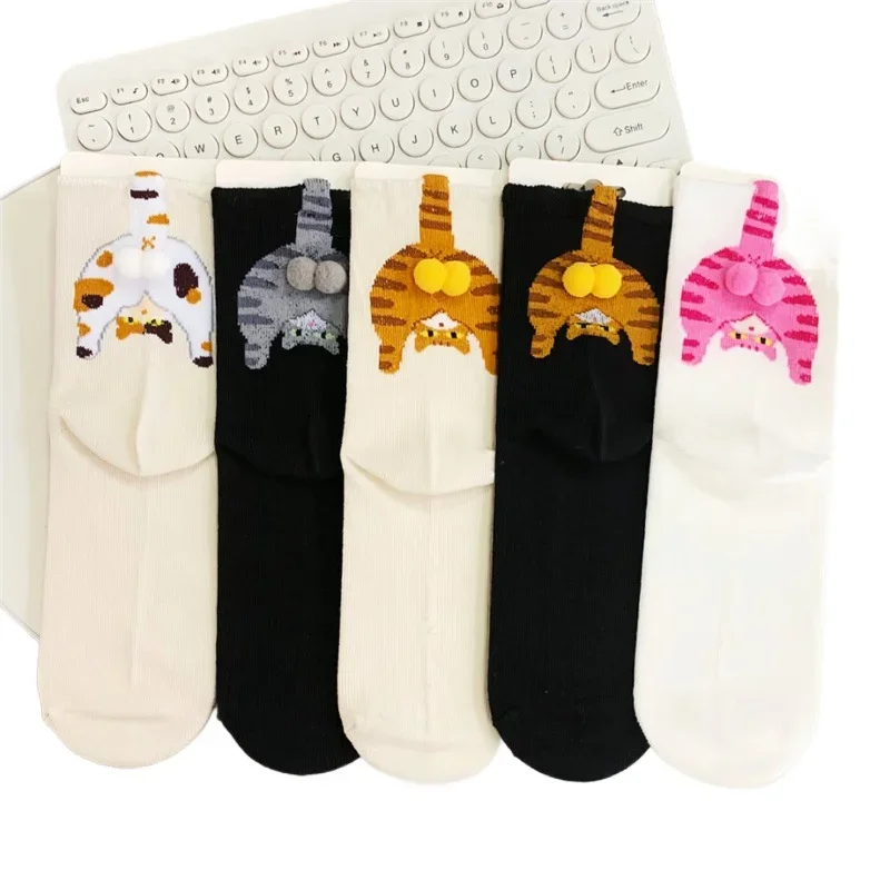 5 أزواج من الجوارب المتوسطة لربيع وخريف الموضة الجديدة اللطيفة على شكل قطة صغيرة، جوارب نسائية كاجوال ومريحة صغيرة وفريدة من نوعها