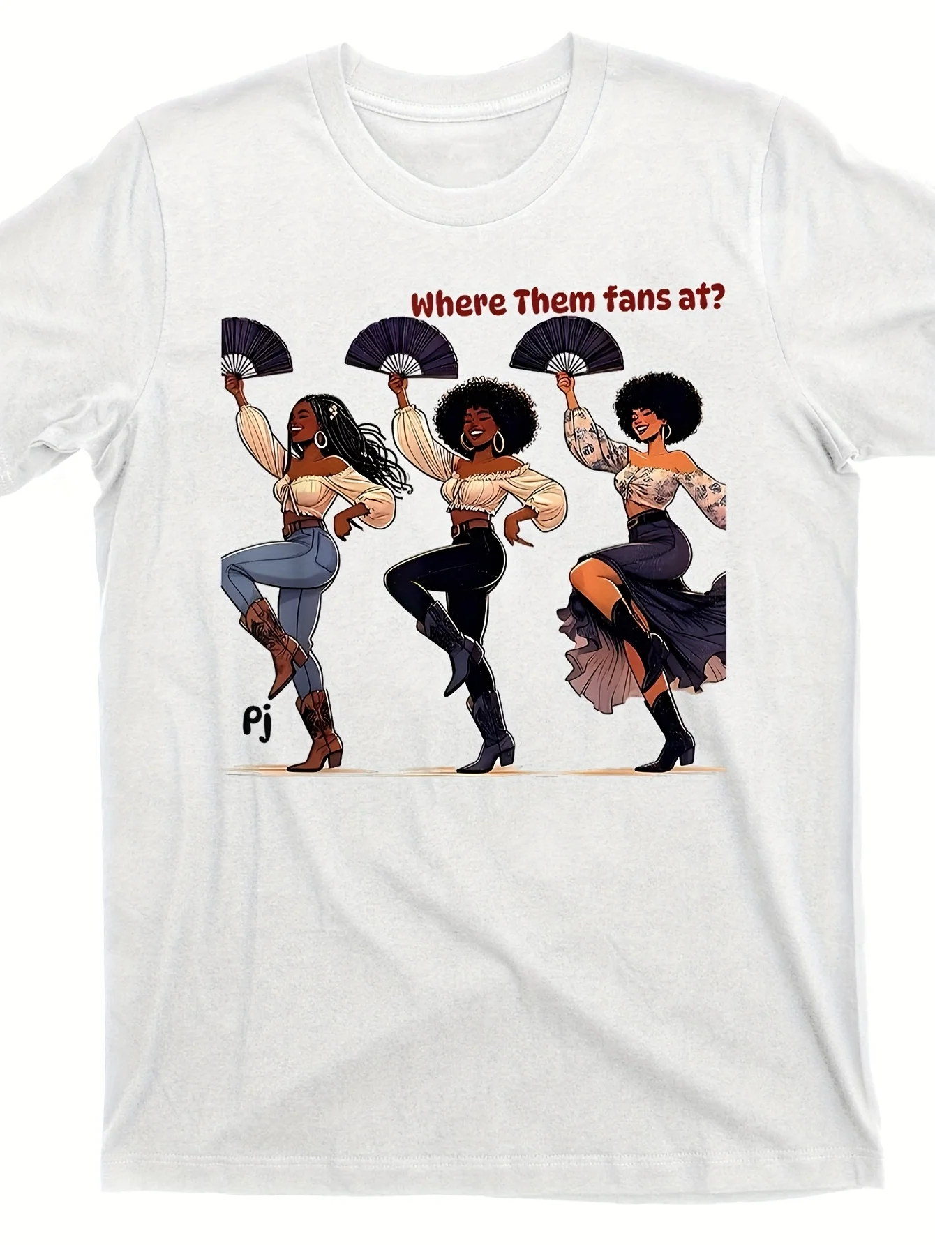 

Women's "Where Them Fans At" Graphic T-Shirt - 220g Heavyweight Cotton Crew Neck Short Sleeve Tee with Bold Fan Illustrations