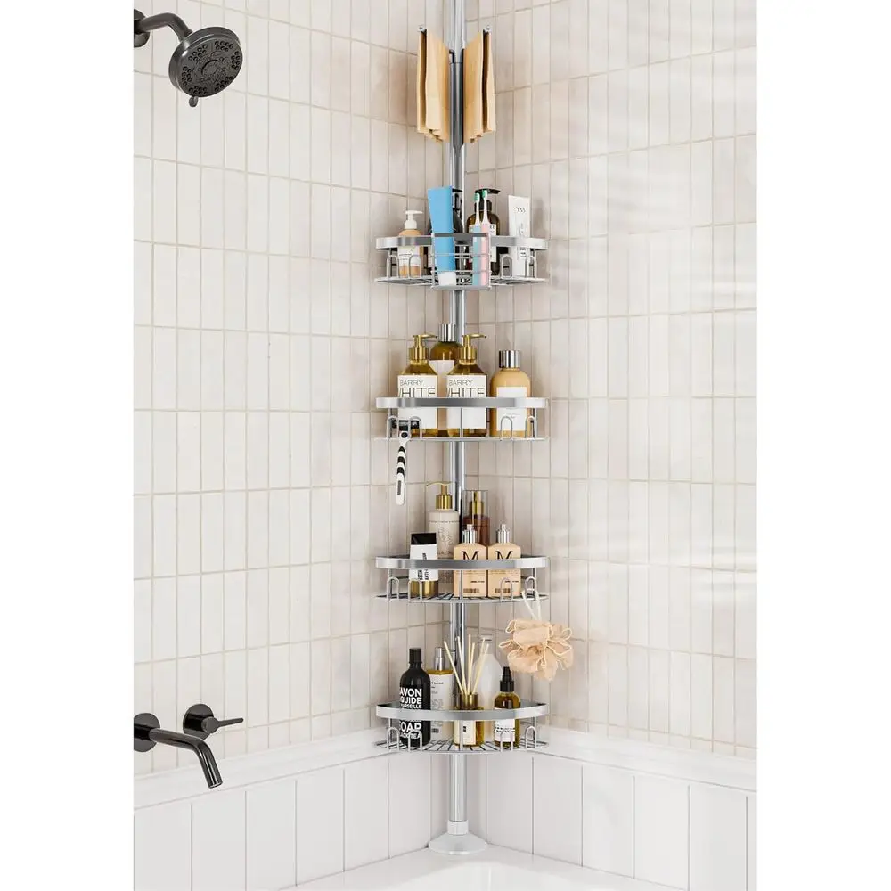 

Bathroom Shower Corner Caddy with 4 Baskets and Towel Bar, Adjustable 23.6-114.5 Inches, Silver