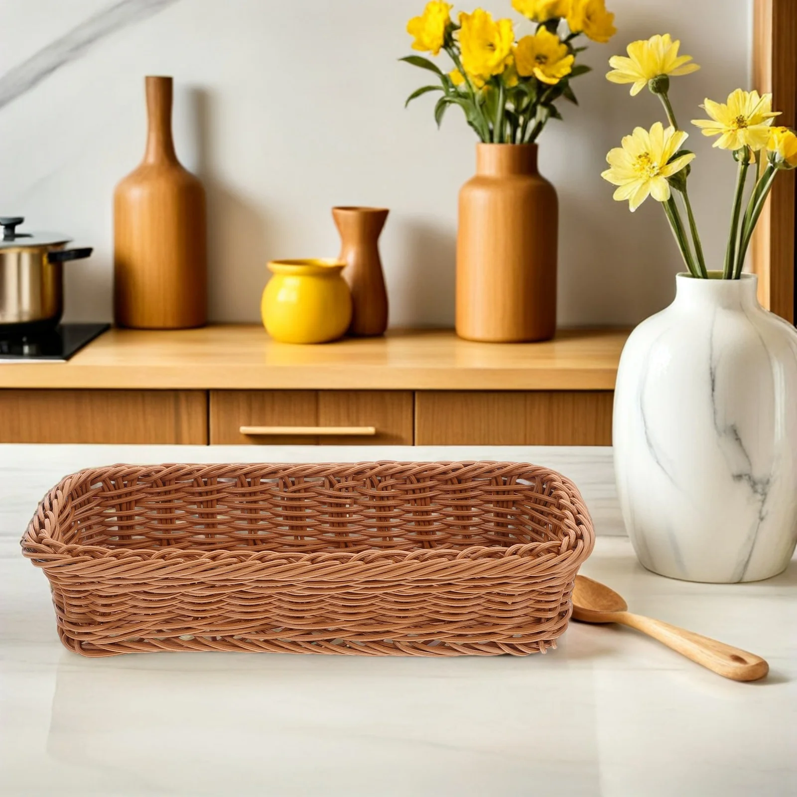 

Kitchen 30x11.5x7cm Brown Spice Jars ganizer Plastic Basket Snack Container Balcony Table Fruit Veggie Holder Storage