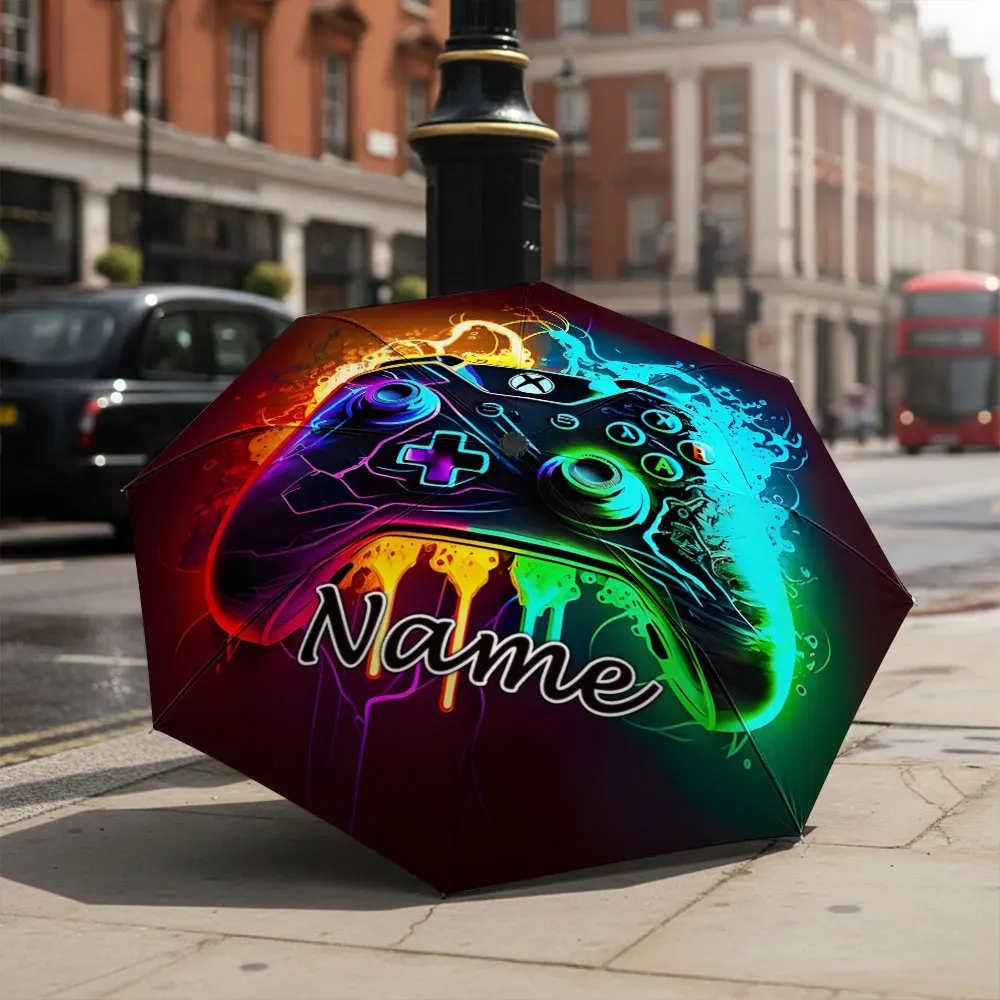Custom Name Umbrella Neon Game Controller Graffiti Print Folding Umbrella, Portable Travel Parasol For Gamer Gaming Lovers