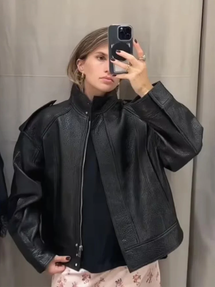 

Женская куртка-бомбер с длинным рукавом на молнии, кожаные куртки для женщин, 2021, уличные короткие пальто, женская осенняя новая верхняя одежда