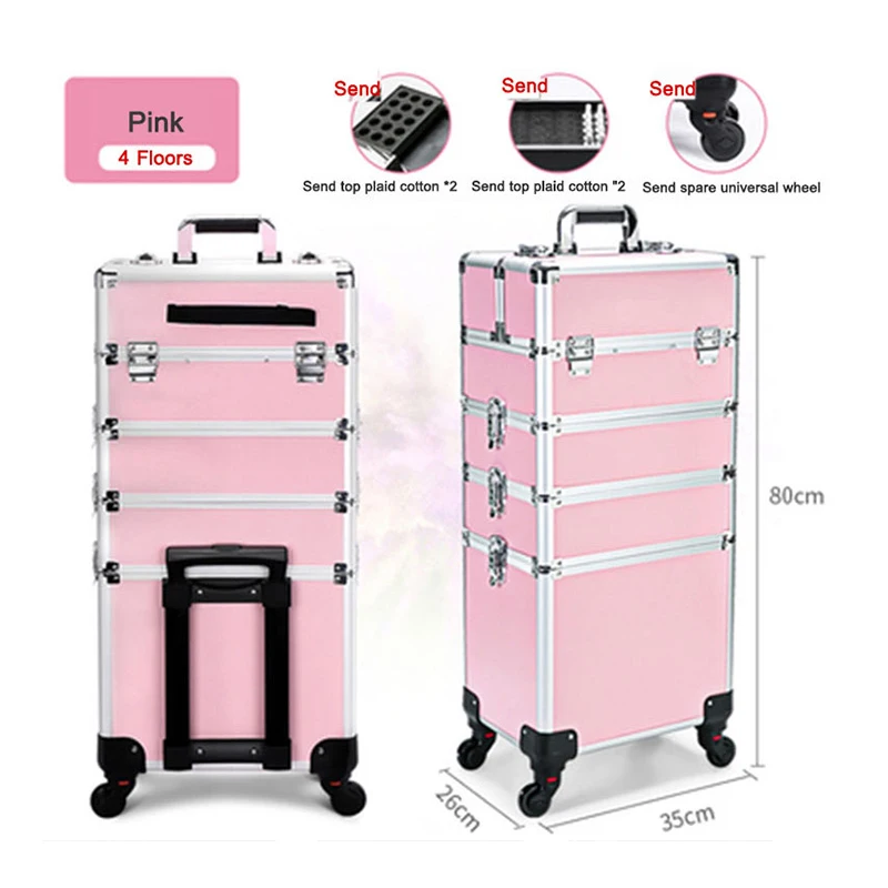 4 Layers Pull Rod Toolbox Portable Cosmetics Organizer Removable Makeup Box With Universal Wheel Large Capacity Nail Art Storage