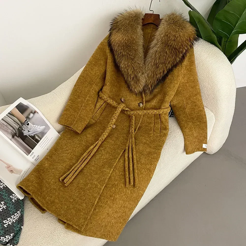 Wool Blended Double Face Coat with Belt Women's Natural Fox Fur Collar Coat Business Elegant Office Fashion Outerwear Clothing