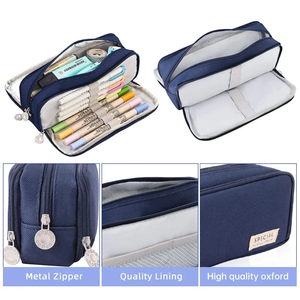 Pencil Case Large Space Storage 3 Compartment Pouch Double Side Opened Student Stationery Desk Organizer School Supplies view 3
