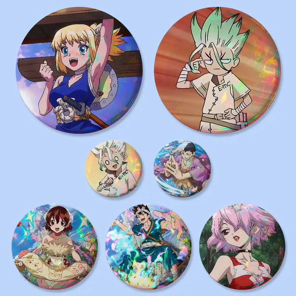 Insignias de Anime D-Dr. Stone de 25, 32, 44, 58 y 75 mm, Redondas, para Cosplay, Decoración de Bolsos, Regalos para Fans, Coleccionistas, Amigos, Broche, Souvenir