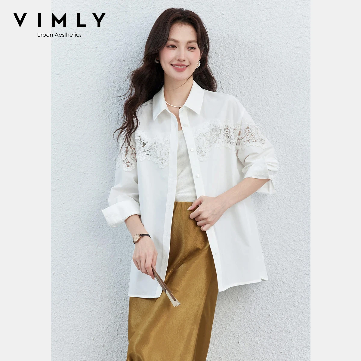 

VIMLY Women's Casual Cotton Shirt 2026 Spring New Floral Applique Notch Collar Blouse Embroidery Patchwork Long Sleeve Top A5026