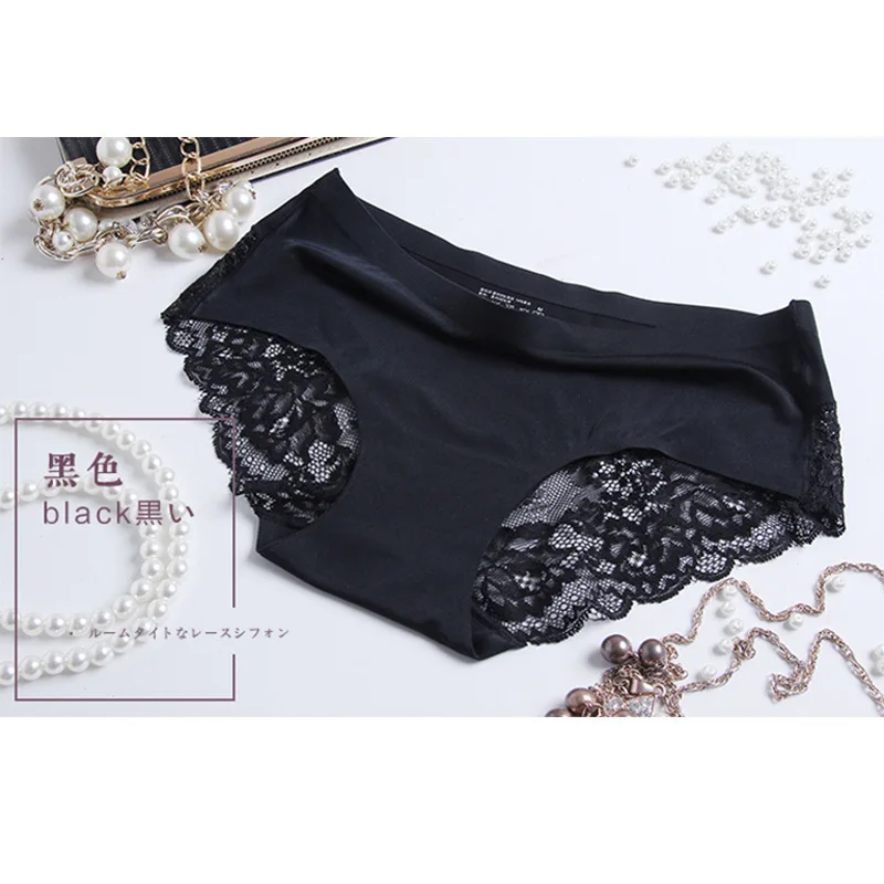 2 Articles Ice Silk Panties Female Mid-waist Non-marking Lace Cotton Crotch Skin-friendly Large Size Breathable Ultra-thin Young