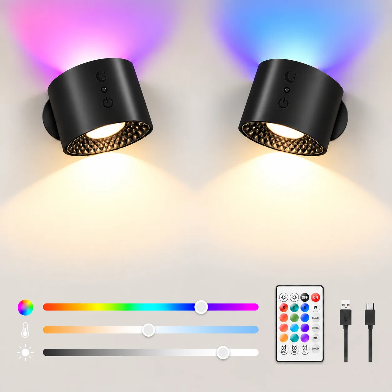 1pc Wall Light Indoor, Wall Lamp Dimmable with Remote and Touch Control 360° Rotate Wireless Wall Lights, 9 RGB Battery Operated