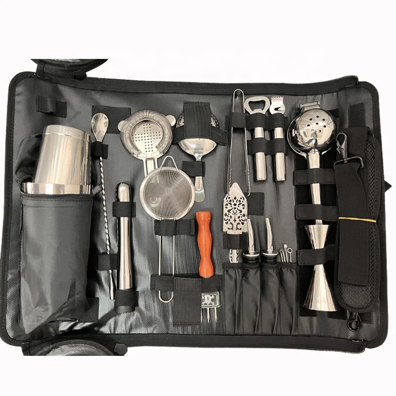 Travel Bartender Kit Bag Professional Bar Tool Set with Stylish Portable Bar Bag and Shoulder Strap for Easy Carry and Storage