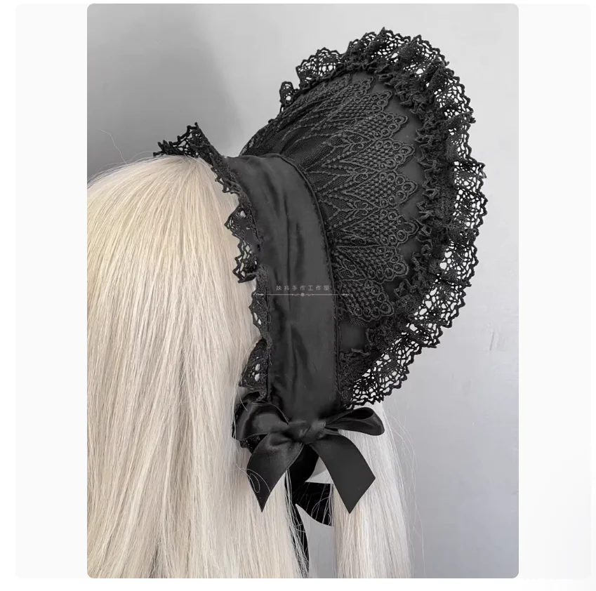2025 Original Handmade Lolita Black Lace Bonnet Darkly Gothic Style Bnt Vintage Princess Sun Hat Woman Soft Wire Brim Headwear