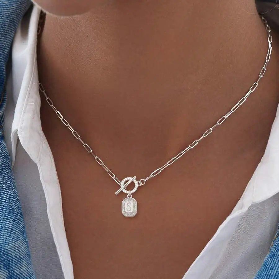 

Classic Minimalist Square Letter Pendant Stainless Steel Paperclip Chain Necklace For Women
