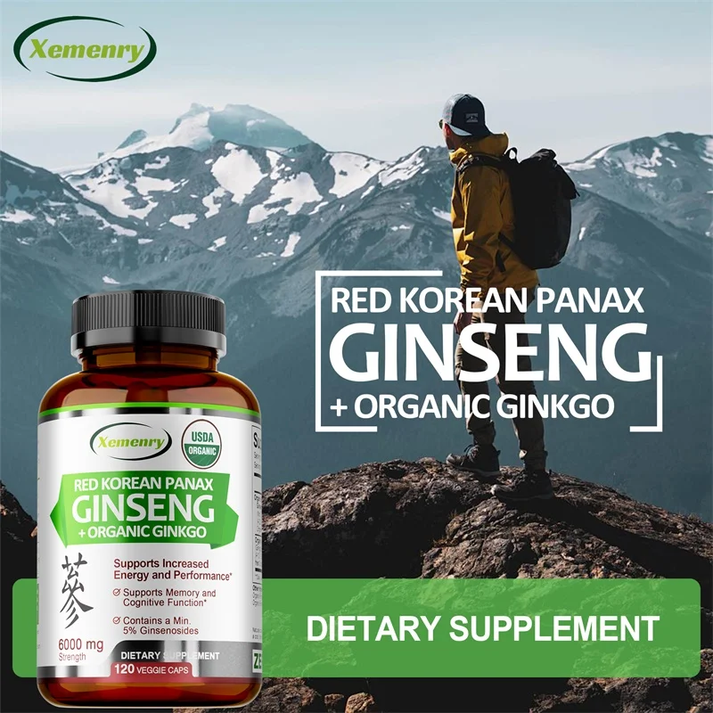

Korean Red Panax Ginseng + Ginkgo Biloba - Supports Muscle Function and Heart Health, Improves Athletic Performance, Non-GMO