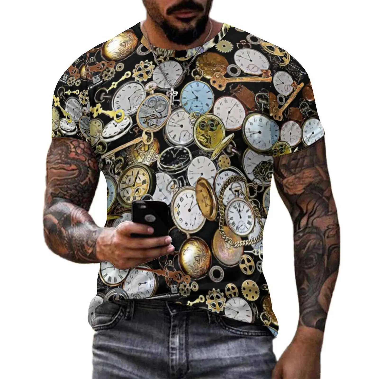 Steampunk Themed Pocket T Shirt Watches Gears Clocks Retro Harajuku T-Shirts Men Tee Shirt Short Sleeve Top Tees Plus Size