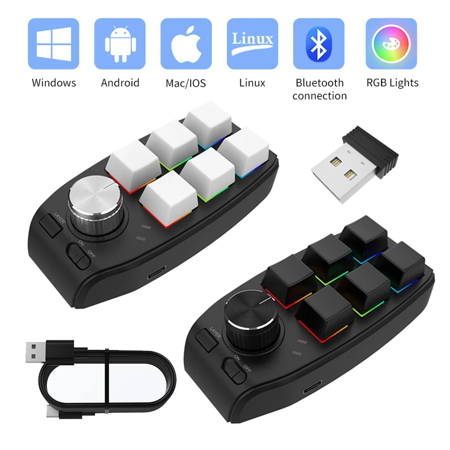2.4G سماعة لاسلكية تعمل بالبلوتوث لوحة المفاتيح برمجة صغيرة ماكرو لوحة المفاتيح المخصصة 6 مفتاح 1 مقبض نسخة لصق Macropad Photoshop لوحة مفاتيح الألعاب