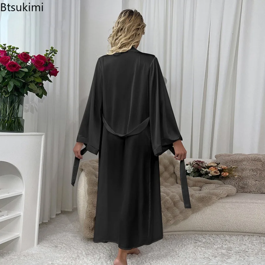 New 2025 Women's Nightgown Satin Kimono Robe Full Length Silky Bath Robe Lady Long Sleeve Nightgown Sleepwear Wedding Bridesmaid