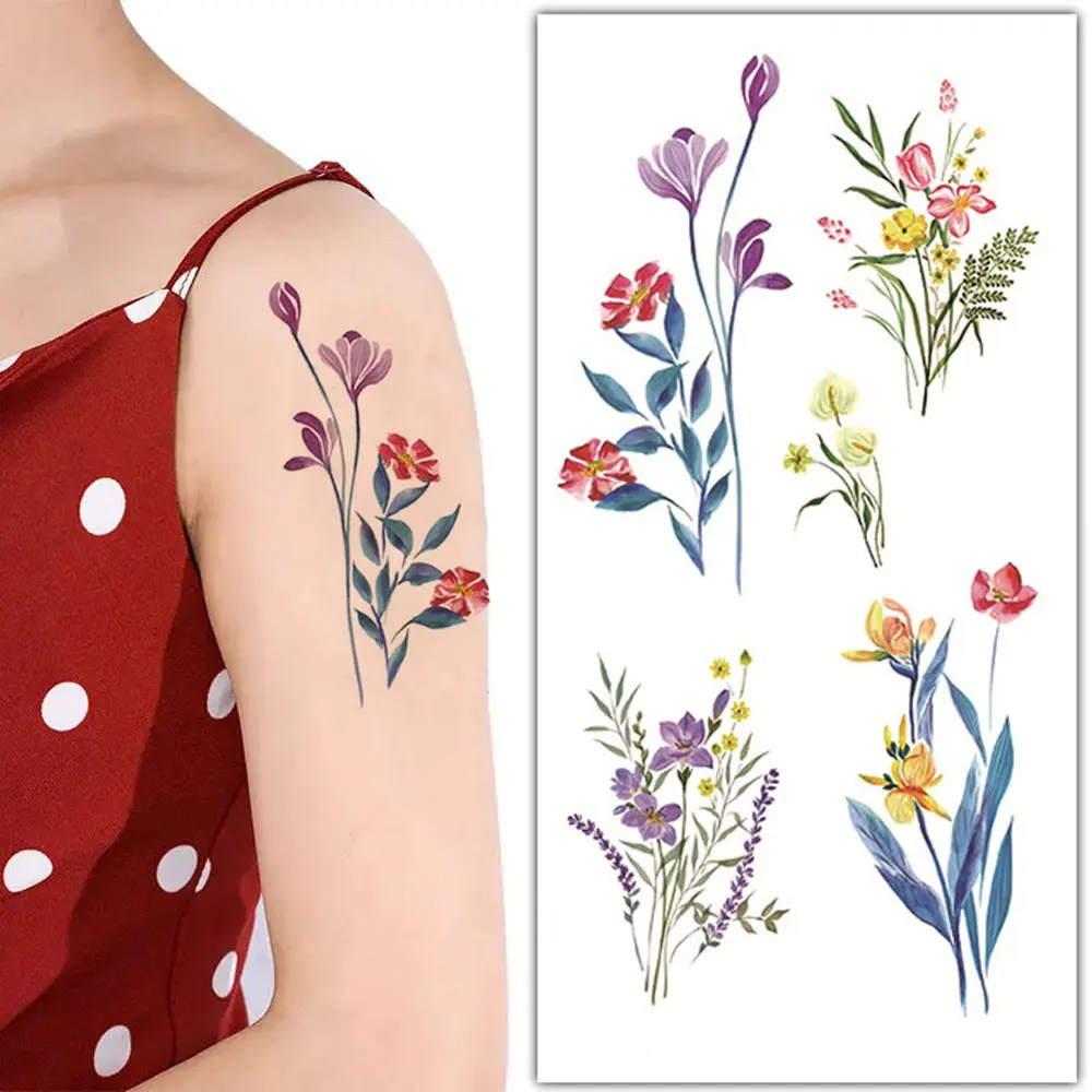 

Цветные водостойкие временные тату-наклейки с растениями, 2 шт., цветочные тату-наклейки для женщин, водостойкие кисти для рук и запястья