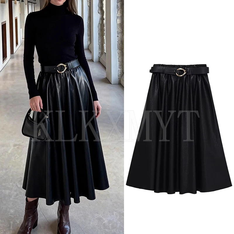

Chic Faux Leather Pleated Long Skirts For Women Fashion 2025 New With Belt Vintage Midi Skirt Street Casual Holiday Skirts ﻿