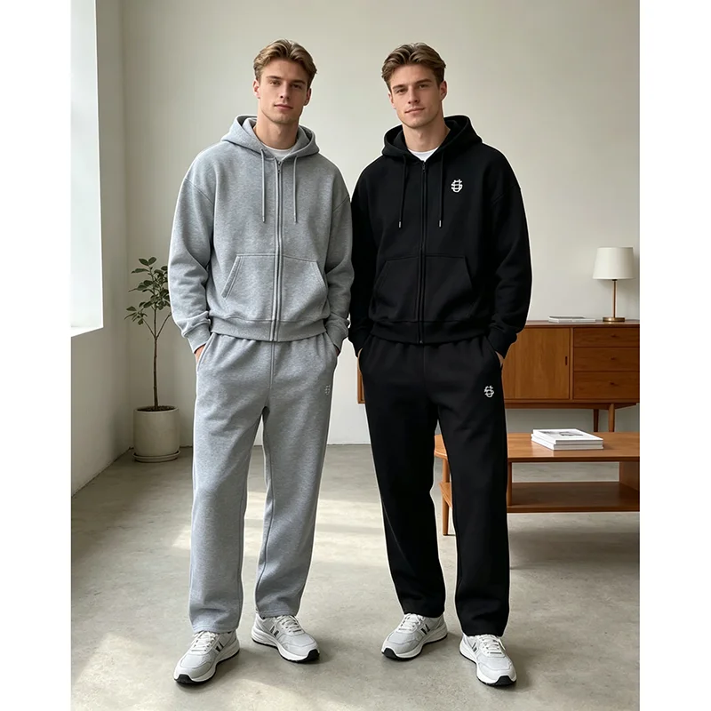 

Spring Trendy Zipper Cardigan Embroidered Pattern Hoodie And Pants Set Solid Color Versatile 2-Piece Couple Style Outfit