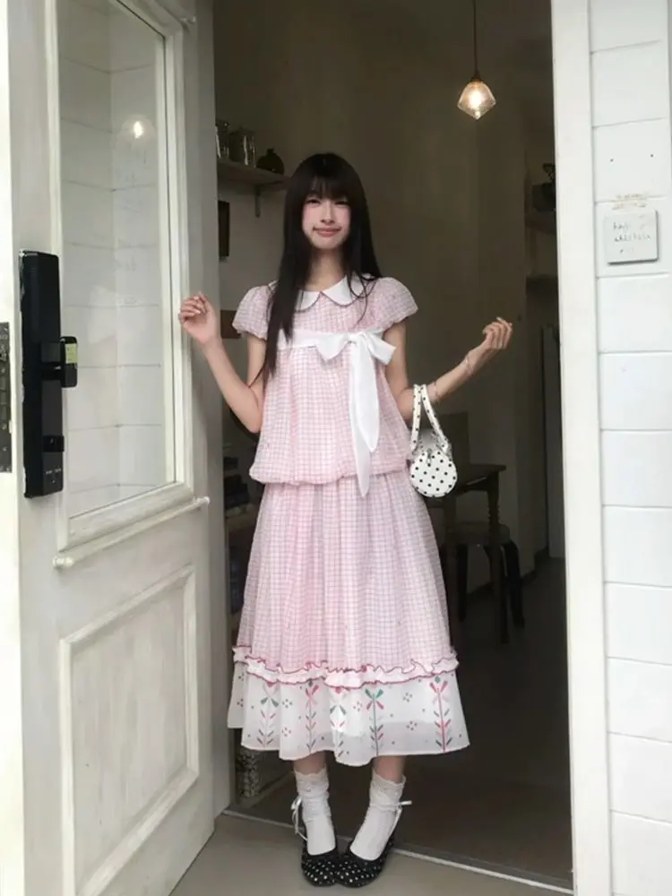 Coquette Sweet Summer Pink Gingham 2 Piece Set Women Bow Ruffle Trim Peter Pan Collar Top Midi Skirt Casual Party Outfit 2026 view 2