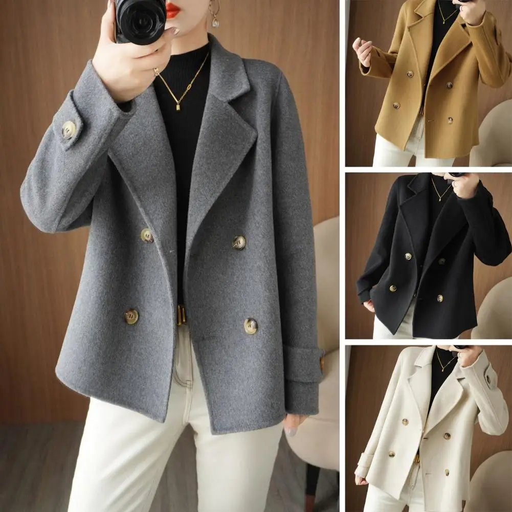 Jaket wol lengan panjang wanita, mantel wol musim gugur dan musim dingin, kerah dua baris, lengan panjang, longgar, warna Solid, tebal, hangat, gaya bisnis Formal, jaket OL