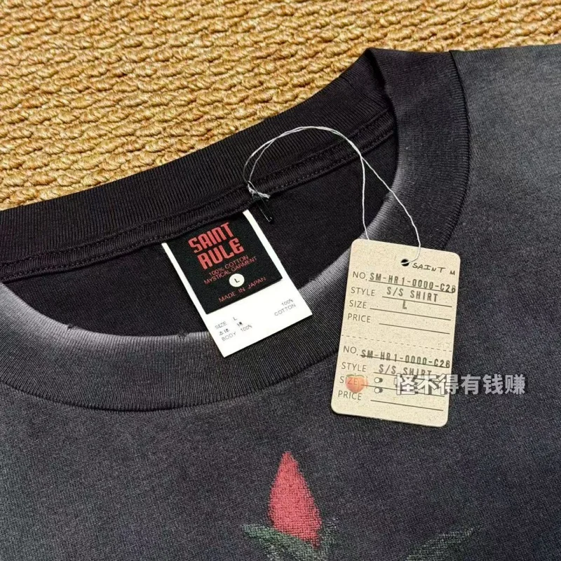 Authentic SAINT Comic Tee Summer Men's Women's Distressed Round Neck Gradient Loose-Fit Casual