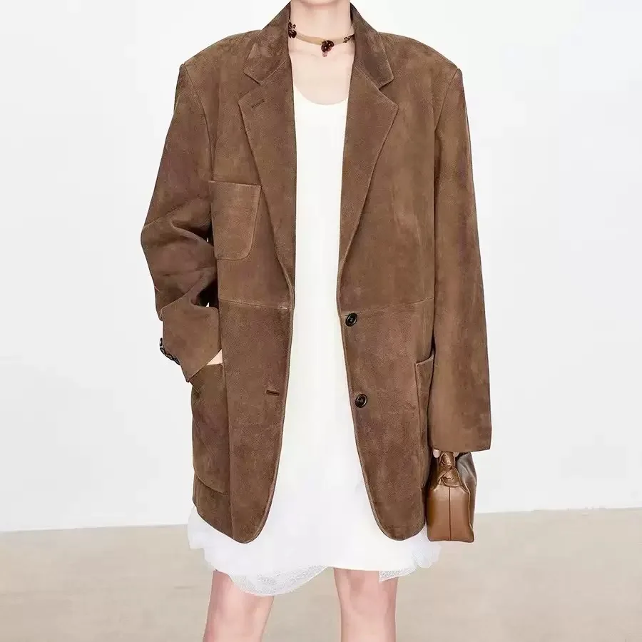 2025 manteau en cuir Nubuck pour femmes printemps mode véritable daim rétro veste Unburn Maillard vieil argent Style Silhouette costume