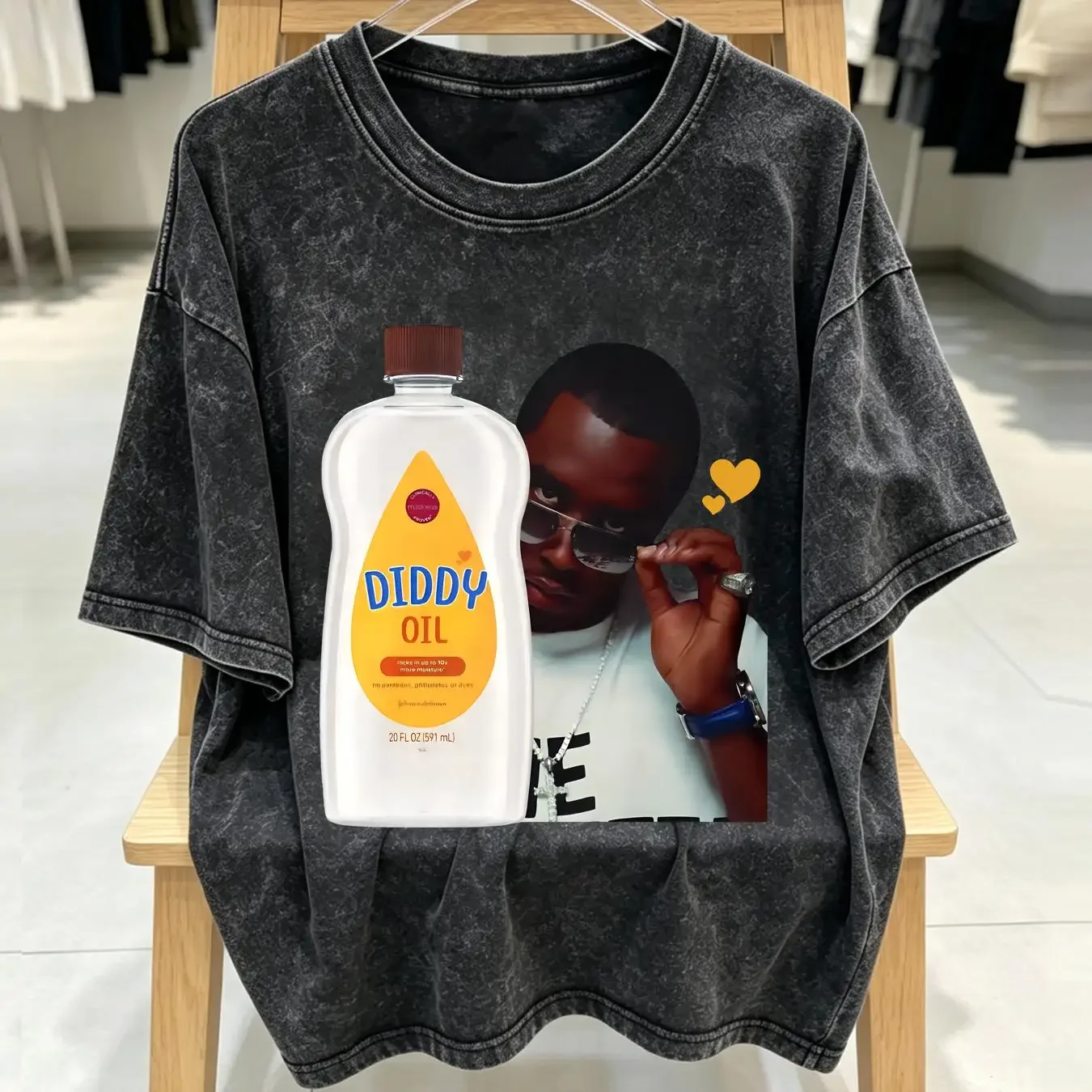 washed T Shirt Diddy Baby Oil Party Freak OFF  vintage Washed Stretched Unisex Versatile Slightly streetwear homme