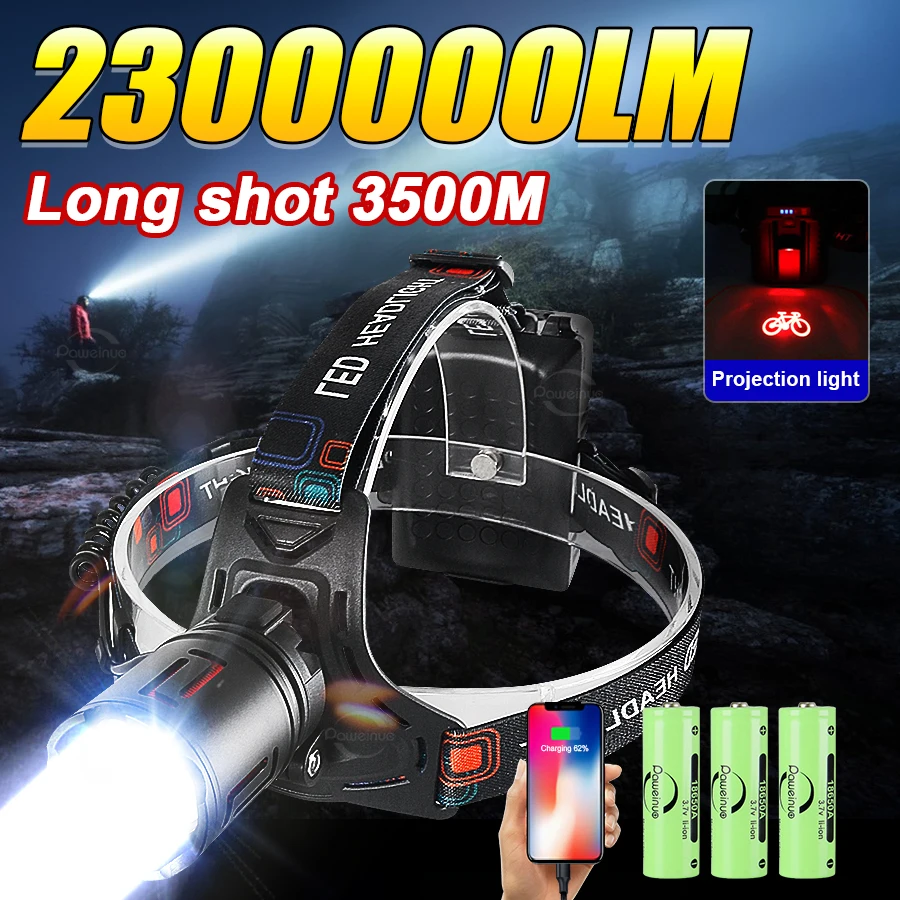 

High Power LED Headlamp Long Range Head Flashlight USB Rechargeable Head Light Waterproof Fishing Lantern Outdoor Camping Lamp