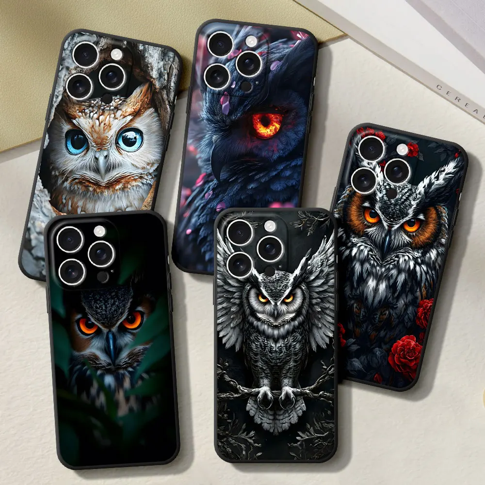 Pet bonito coruja caso para apple iphone 16 11 15 16e 14 12 mini 13 pro max xs xr 7 8 6 6s plus 5 5S se tpu preto telefone capa pára-choques