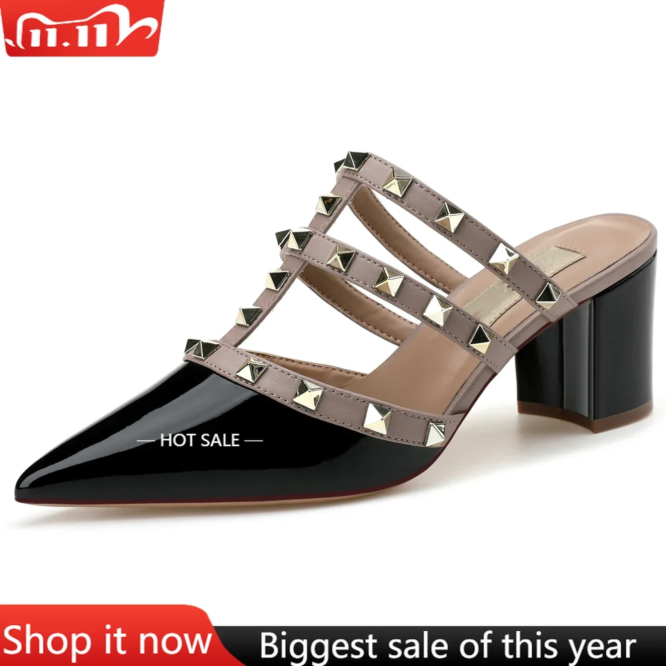 

【Measure your feet length before order】Gladiator Women Thick High Heel Sandal Rivet Pointy Toe Fashion Prom Dress Shoe 68-CHC-33