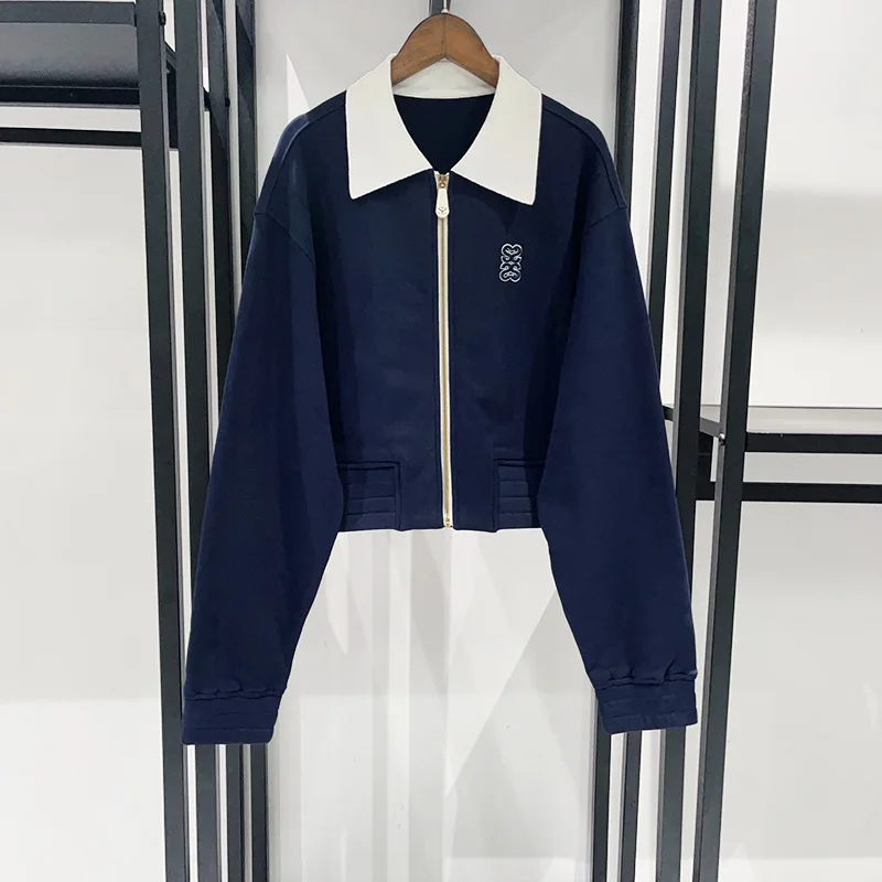 【هدية مجانية】2025 الخريف/الشتاء المرأة فضفاضة كولوربلوك بولو طوق زمم الخصر ضبط سترة قصيرة البلوز