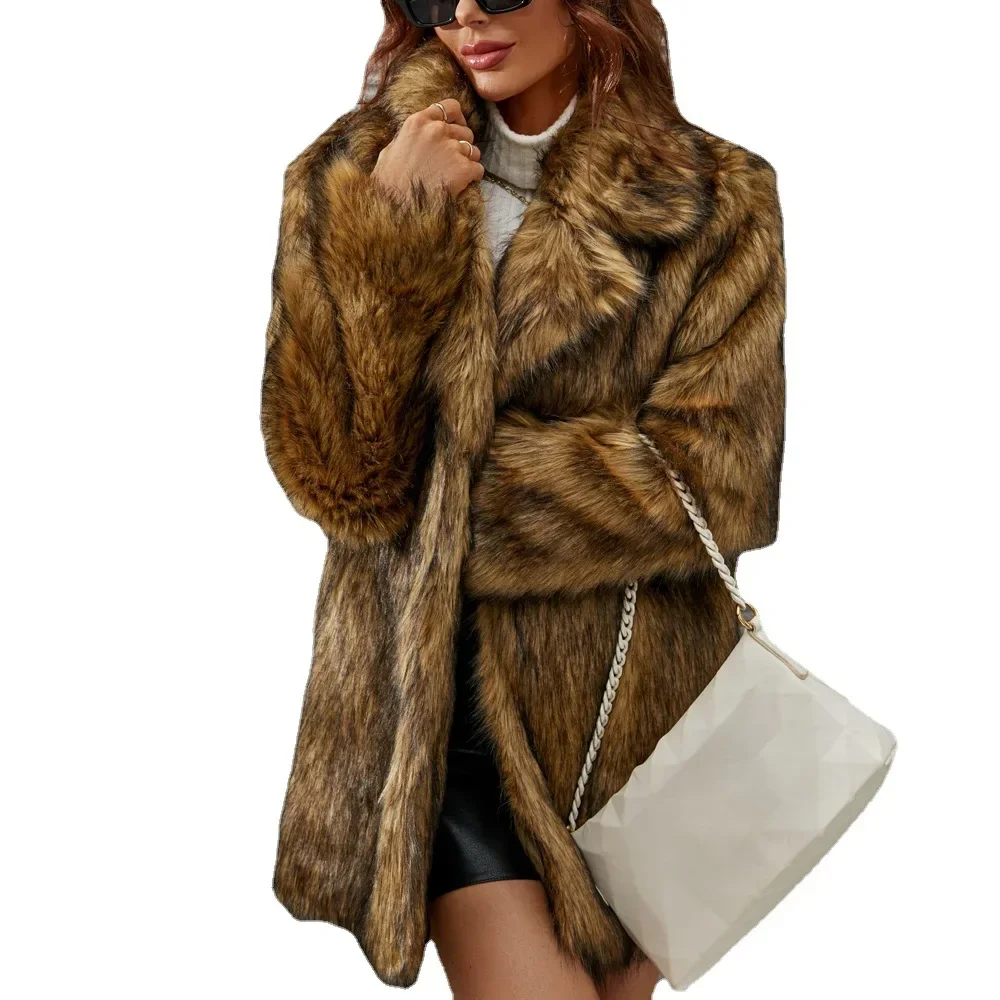 سترة أنيقة 2025 معطف فرو صناعي للنساء دافئ فضفاض للخريف والشتاء معاطف طويلة بنية اللون بياقة مقلوبة وأكمام عالية الخصر ماكسي #6