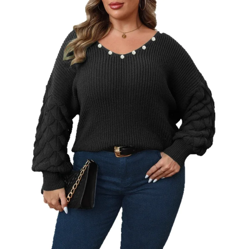 

Женский свитер с рукавами ананаса и глубоким V-образным вырезом, тканая базовая рубашка, повседневный топ с жемчугом и ногтями