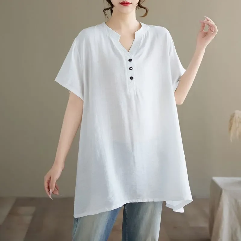 

Korean Style New Women's Loose A-swing Women's V-neck Mid-length Shirt Women's Short-sleeved Tops Pullover
