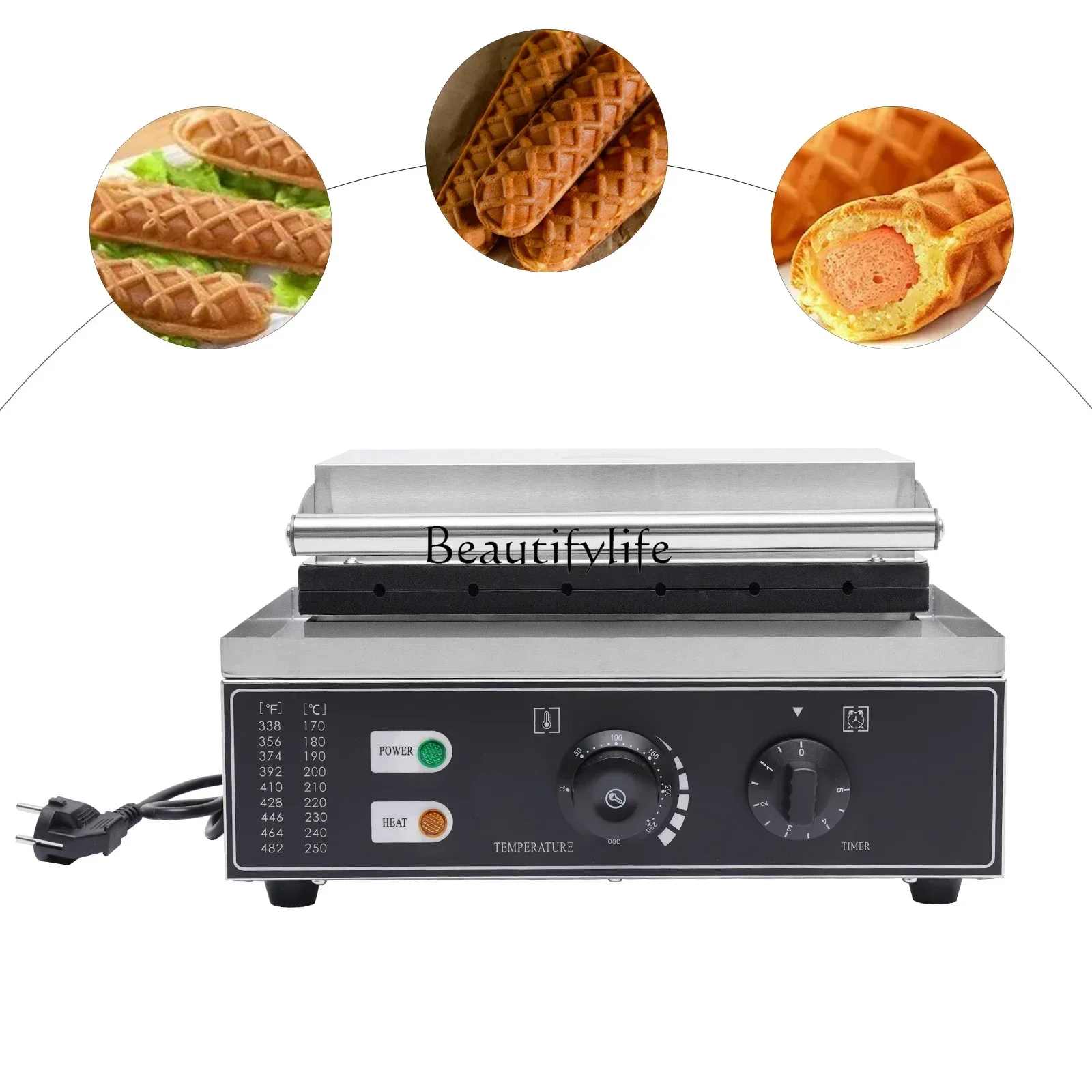 

1500W Hot Dog Machine,6 Molds,with Time and Temp Control Non-stick Waffle Maker Upper and Lower Heating Plates EU 220V