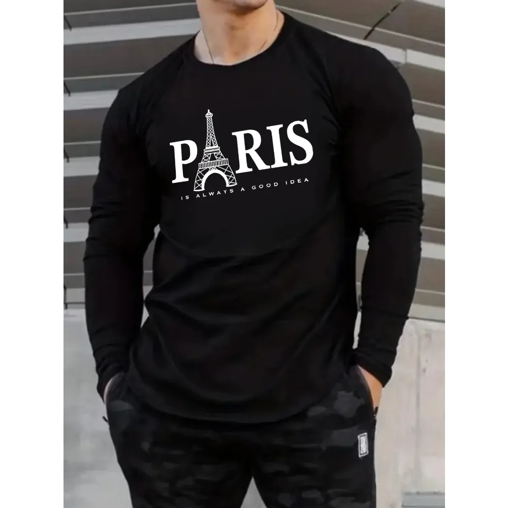 Men's Long Sleeve Crew Neck T-Shirt Print Casual Polyester Blend Knit Fabric Regular Fit Slight Stretch, Spring/Fall Apparel