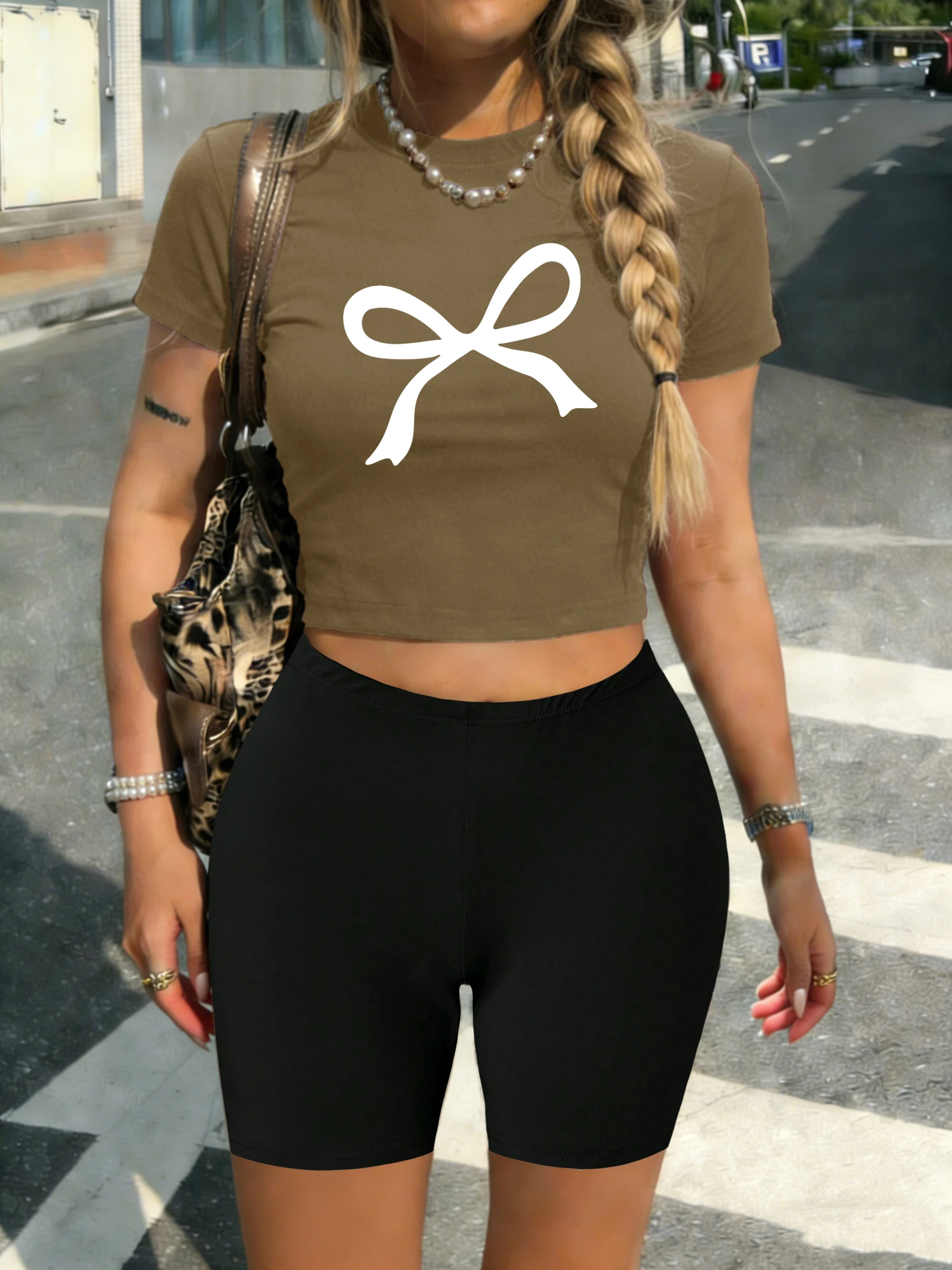 

Женские сексуальные футболки с графическим принтом Kawaii Bow, мягкие летние шорты, модные укороченные топы, облегающие спортивные женские эластичные шорты