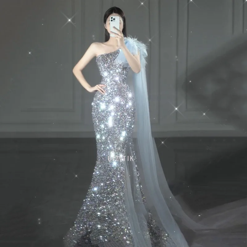 

Sequin One Shoulder Fishtail Prom Dress Women Wedding Guests Important Occasion Dress Host Stage Clothes Quinceanera Dresses