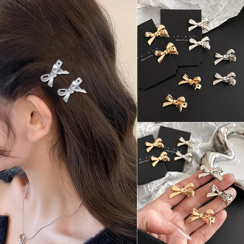 2Pcs/Set Golden Silver Color Bow Mini Hairpins for Women Bangs Barrettes Duckbill Side Clip Hair Accessories Sweet Cool Girl New