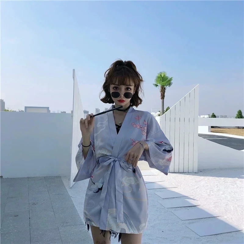 2020 New Japanese Yukata Kimono Haori Female Red-Crowned Crane Traditional Japanese Kimonos Kimono Cardigan Haori Yukata FF2581