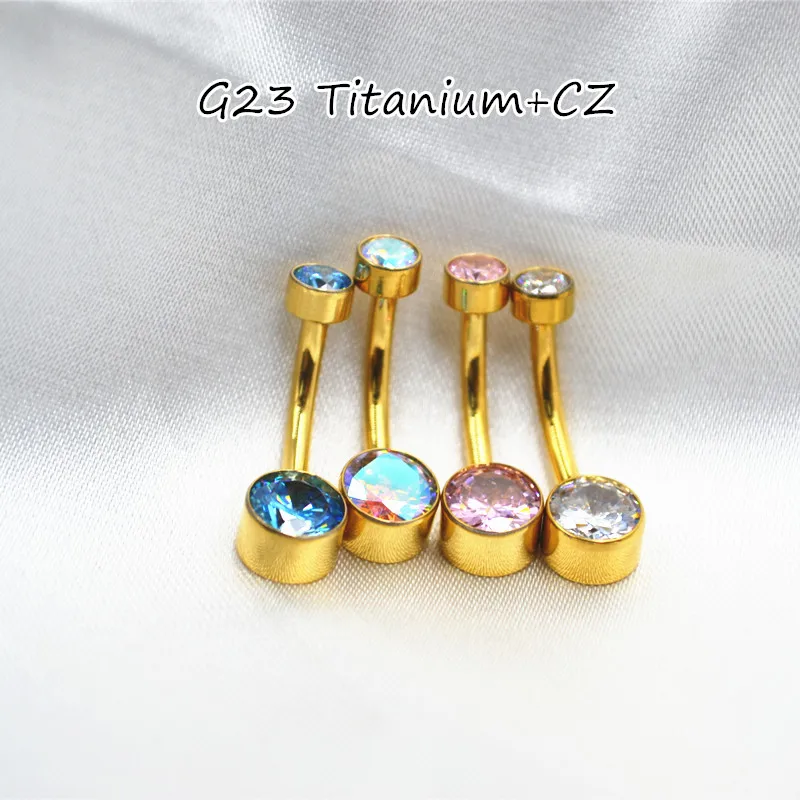 

10PCS G23 Titanium CZ Gold Smart Navel Button Body Piercing Jewelry 14Gx10x4/6mm Curve Barbells Belly Rings