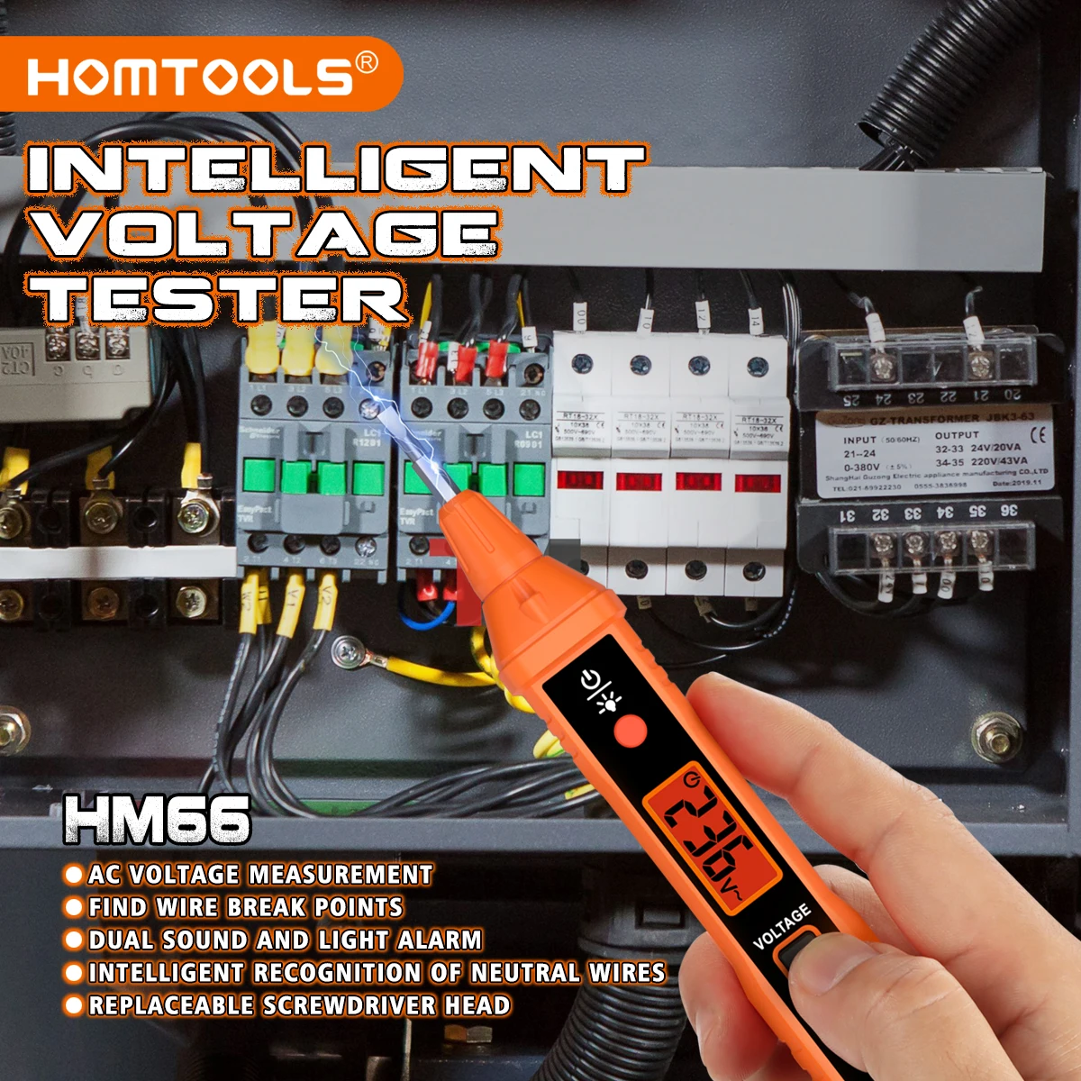 HOMTOOLS HM66 Non-Contact AC Voltage Tester Digital Voltage Finder Detector Pen Alarm Range 12V-400V and Live/zero Line Judgment