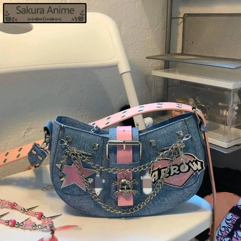 กระเป๋าสะพายข้างผู้หญิงสไตล์แฟชั่นโกธิควินเทจ ลายดาว ยีนส์ ลิตตี้พังก์ ลายหัวกะโหลก สายโซ่  กระเป๋าสะพายไหล่สไตล์ Y2k ฮารุคุ