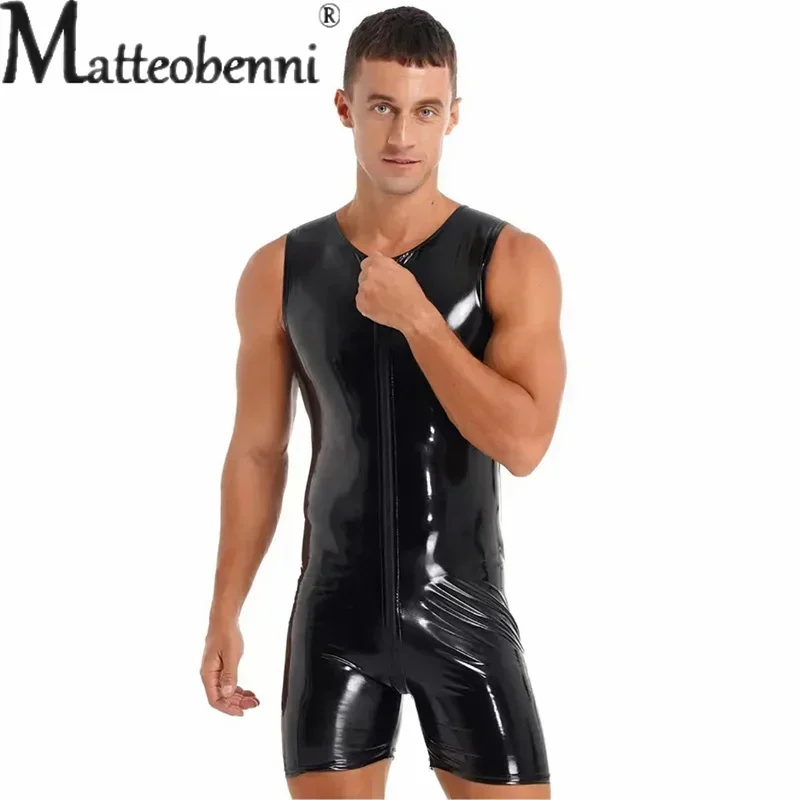 S-7XL Men Shiny PU Leather Two Way Zipper Open Crotch Bodysuit Sleeveless Wet Look PVC Slim Rompers Sexy Tight Cosplay Palysuits