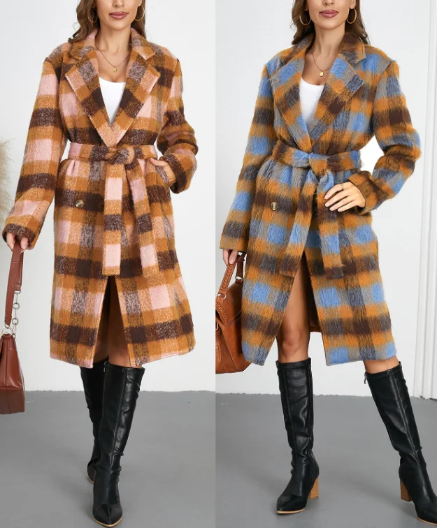 

Women's Urban Jacket 2025 Autumn Winter Latest Double Breasted Collar Clash Checkered Woolen Coat Long Coat Open Front Cardigan