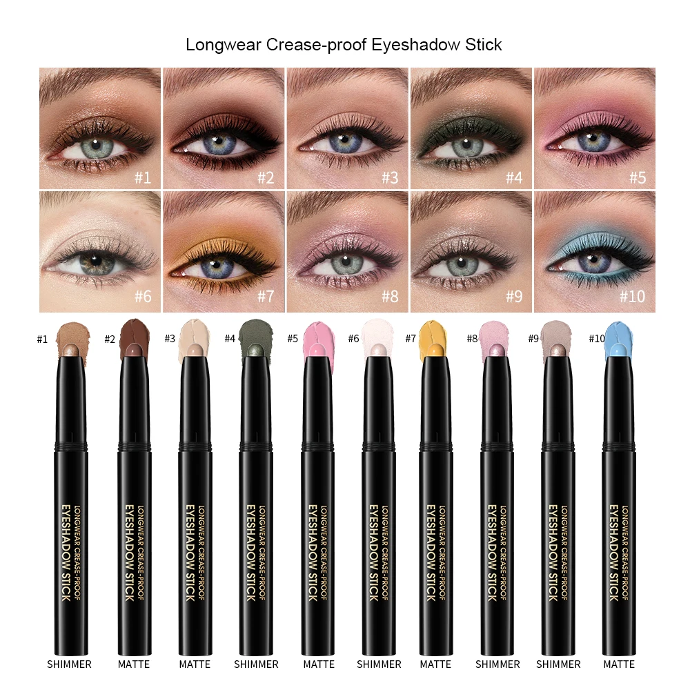 10 Farben Longwear, knitterfreier Lidschatten-Bleistiftstift, langlebig, glitzernd, schimmernd, matt, Lidschatten, Textmarker, Augen-Make-up-Werkzeug
