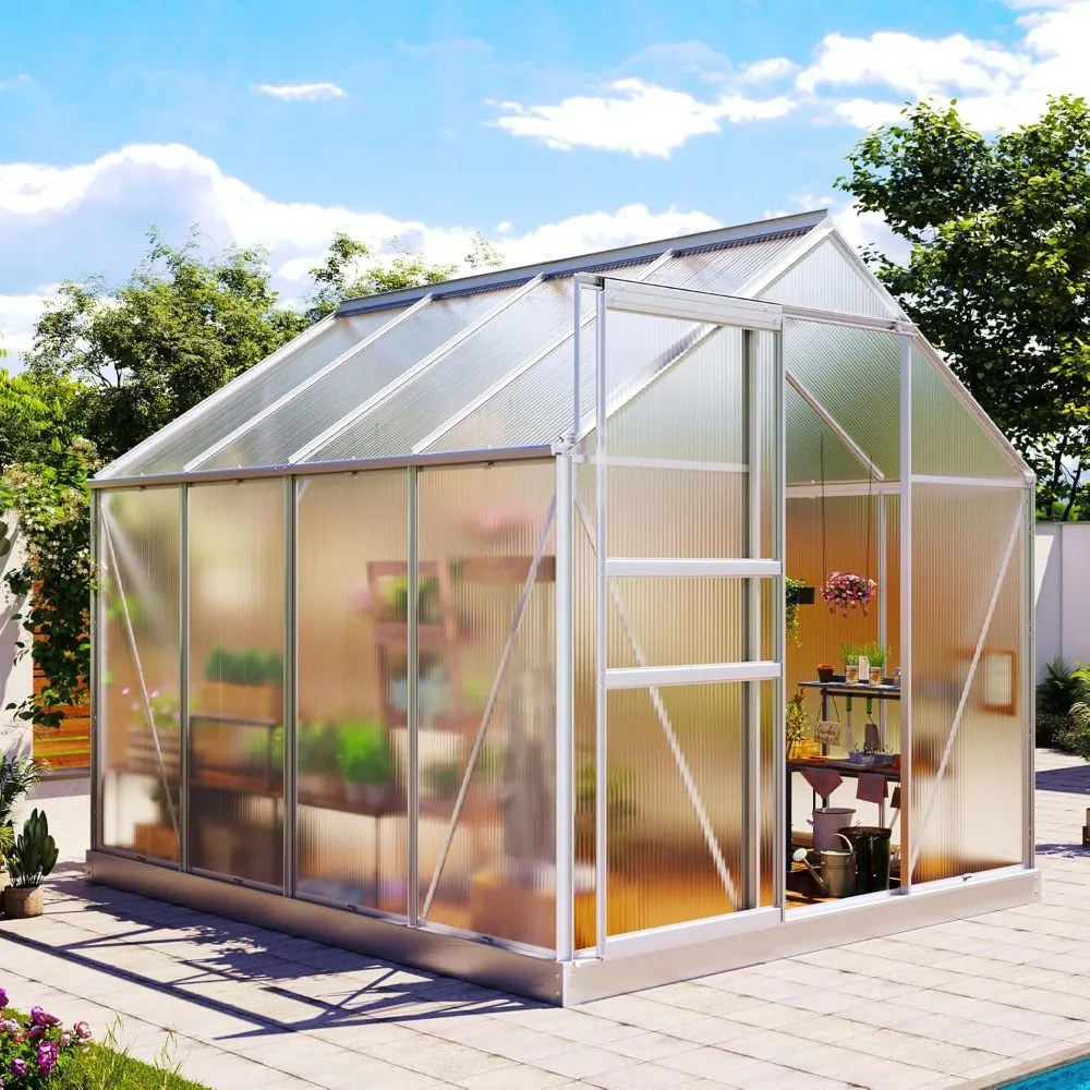 

8x6ft Greenhouse, Polycarbonate,with Ventilation Window, Sliding Door, Rain Gutter, Green House for Plants,Aluminum Greenhouse