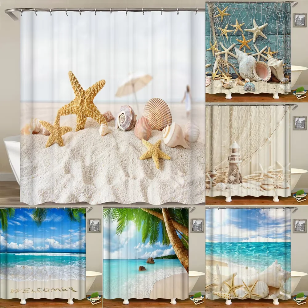 

New Colorful Eco-friendly Beach Conch Starfish Shell Shower Curtain Polyester High Quality Washable Bath Decor Shower Curtains